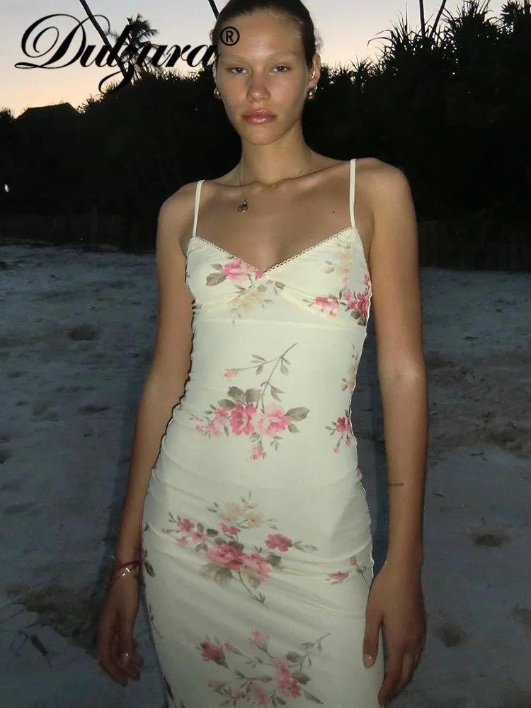Women’s Floral Bodycon Maxi Dress – Dulzura Sleeveless Backless Club Party Dress