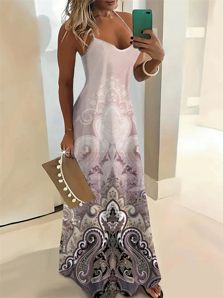 Women’s Summer Sleeveless Retro Strap Dress – Casual 3D Texture Print
