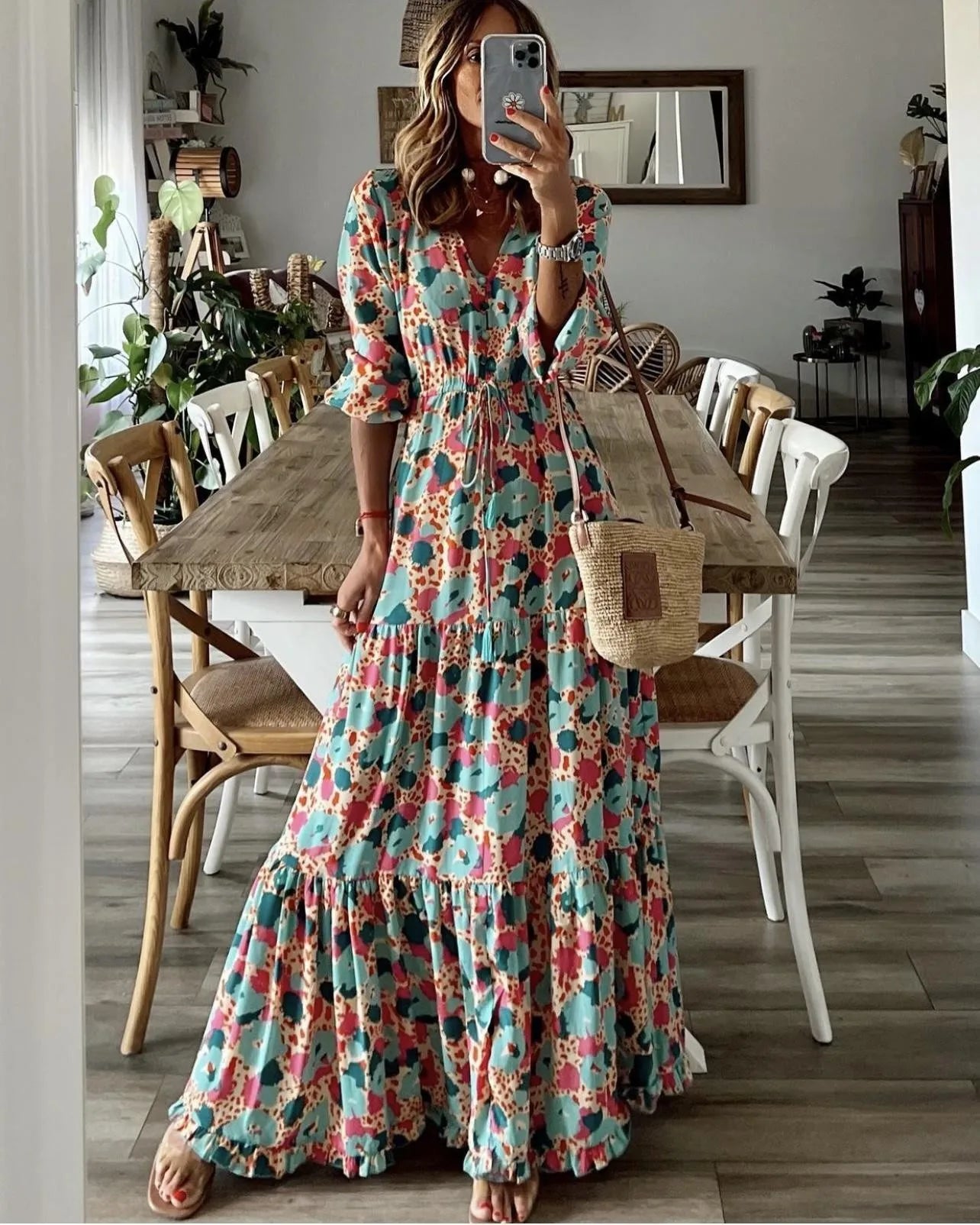 Bohemian V-Neck Printed Maxi Dress – Lace-Up Waist Long Sleeve Autumn Dress