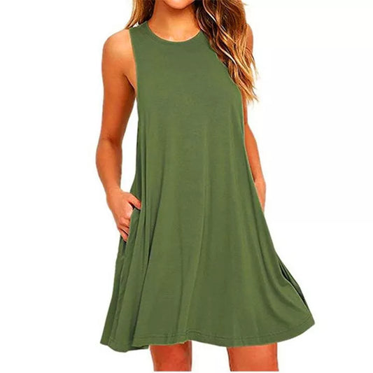 Green sleeveless dress worn by a person on a white background