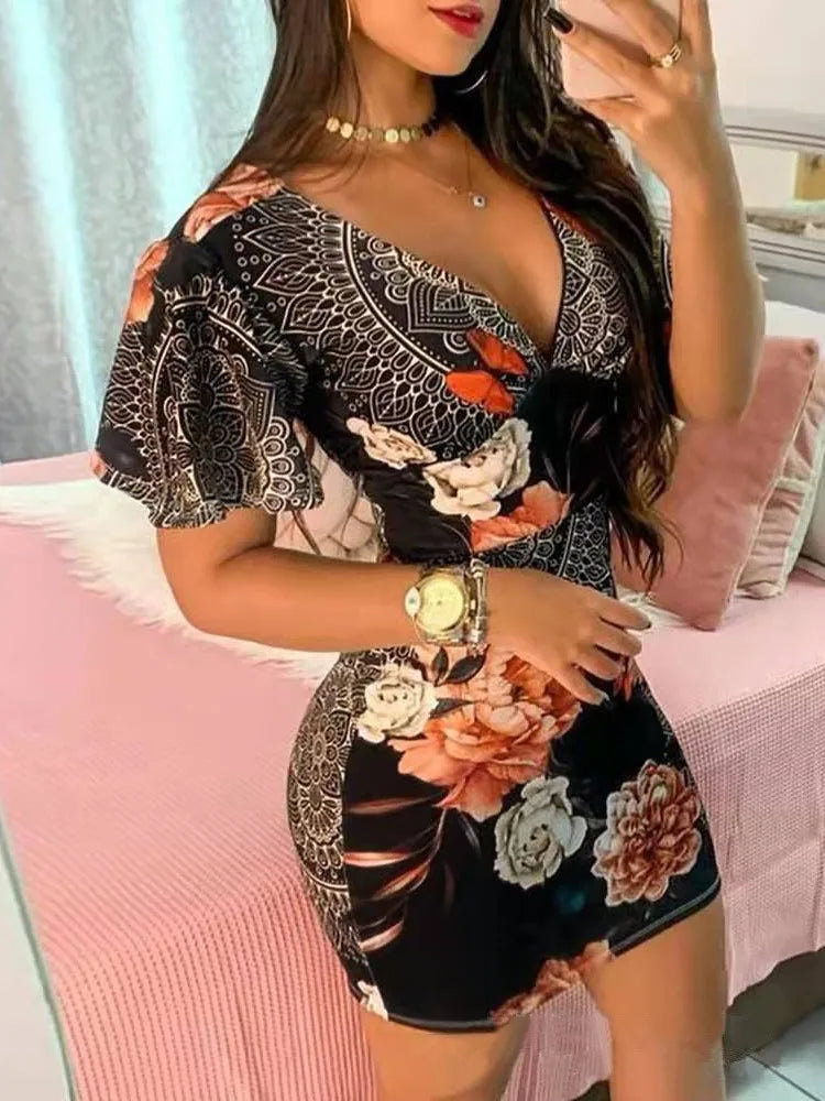 Summer Floral Print Bodycon Mini Dress Women