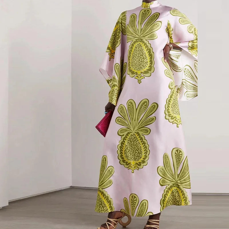 Robe imprimée élégante à col montant – Robe décontractée taille haute à manches longues et ample