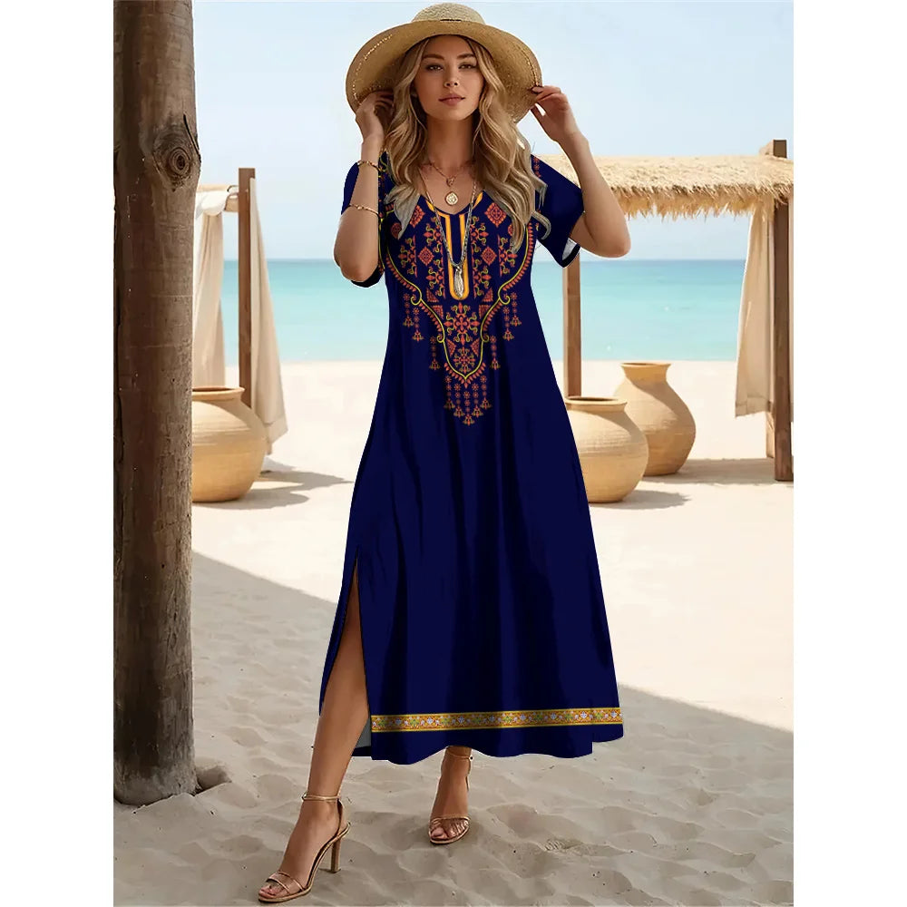 Robe longue fendue style bohème d'été – Robe pull à manches courtes et col en V pour femme