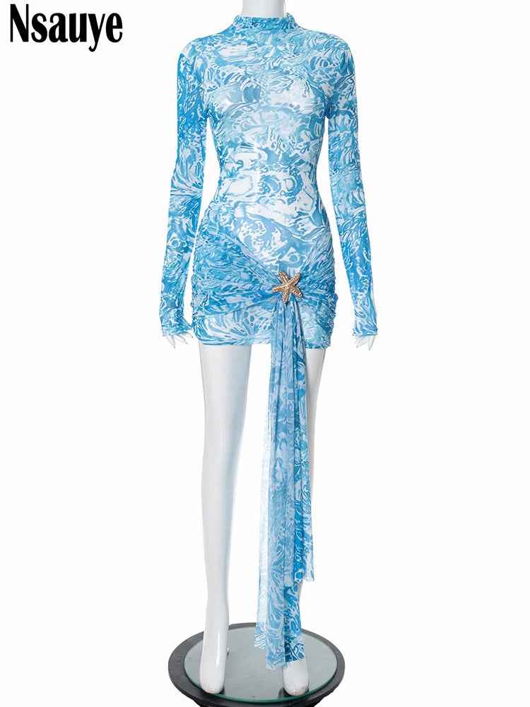Robe club transparente en maille Y2K – Robe de soirée sexy à manches longues pour femme 2025