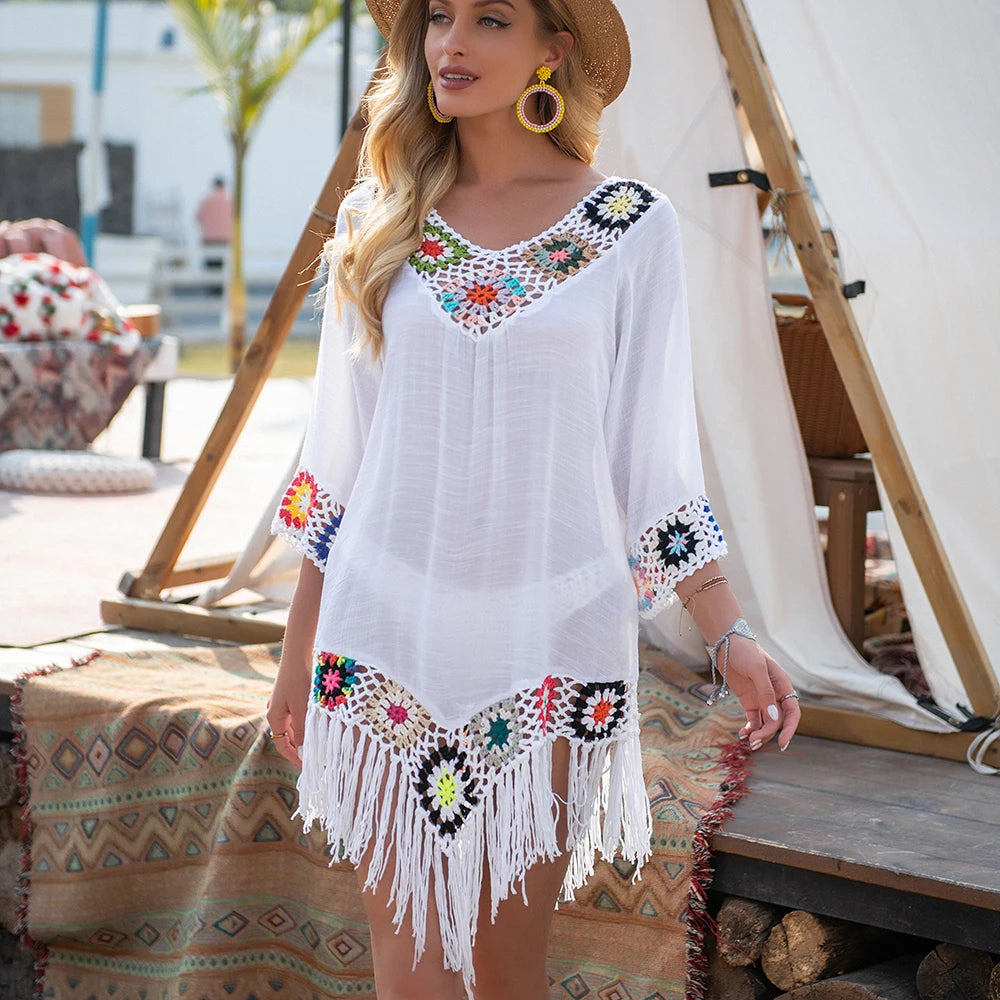 Women’s Crochet Beach Cover-Up – Sexy Hollow Tunic with Fringe Detail