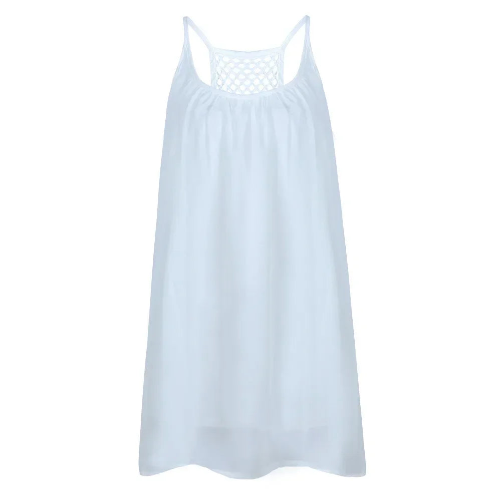 Loose Casual Summer Mini Dress – Sleeveless Spaghetti Strap Hollow-Out Bodycon