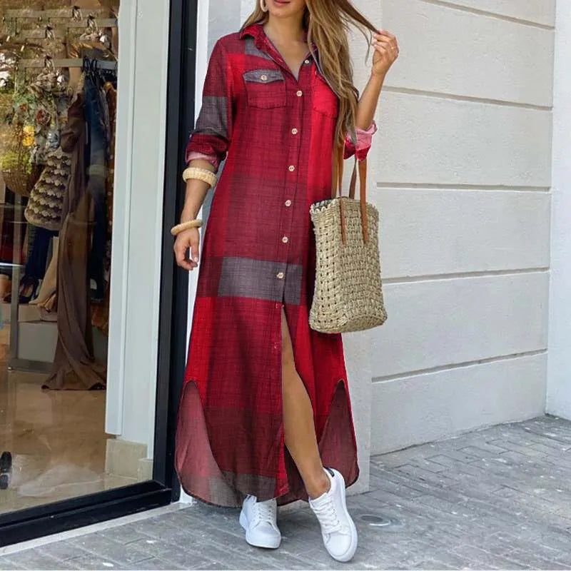 Elegant Women’s Long Sleeve Plaid Maxi Dress – Irregular Hem Shirt Dress with Buttons