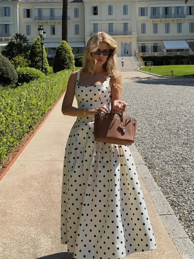 Polka Dot Maxi Dress – Elegant Square Neck Sleeveless High Waist Gown