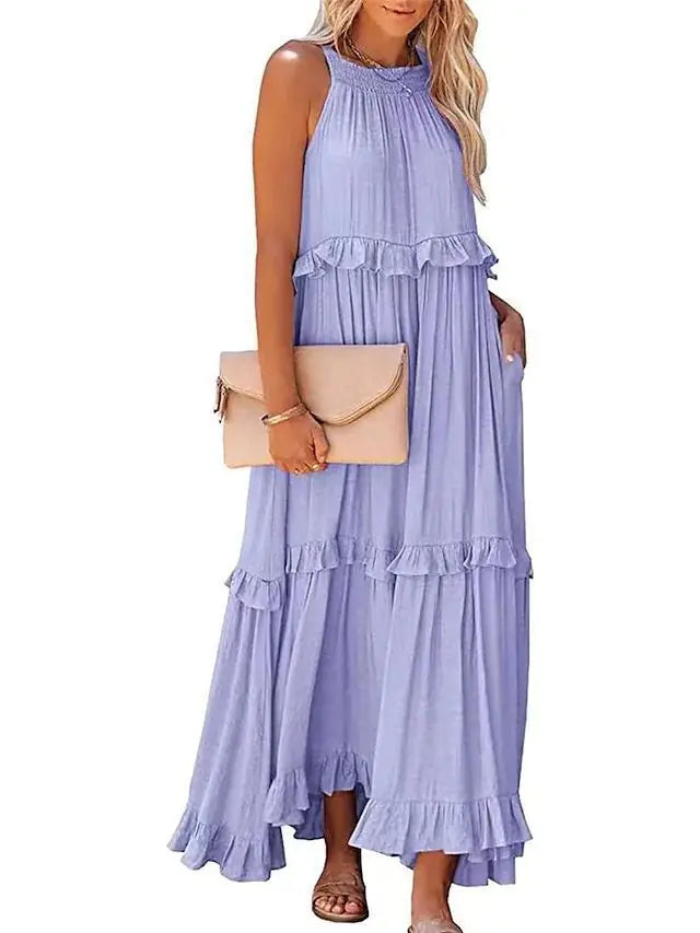 Robe longue dos nu à col licou – Robe de plage à volants et lacets pour femme