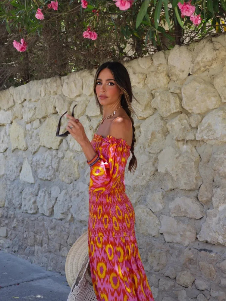 Robe mi-longue plissée à volants et épaules dénudées pour femme, manches bouffantes