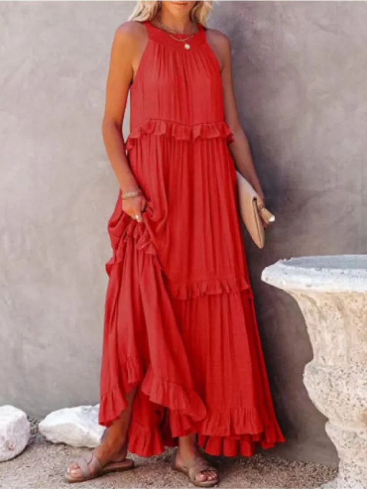 Robe longue dos nu à col licou – Robe de plage à volants et lacets pour femme