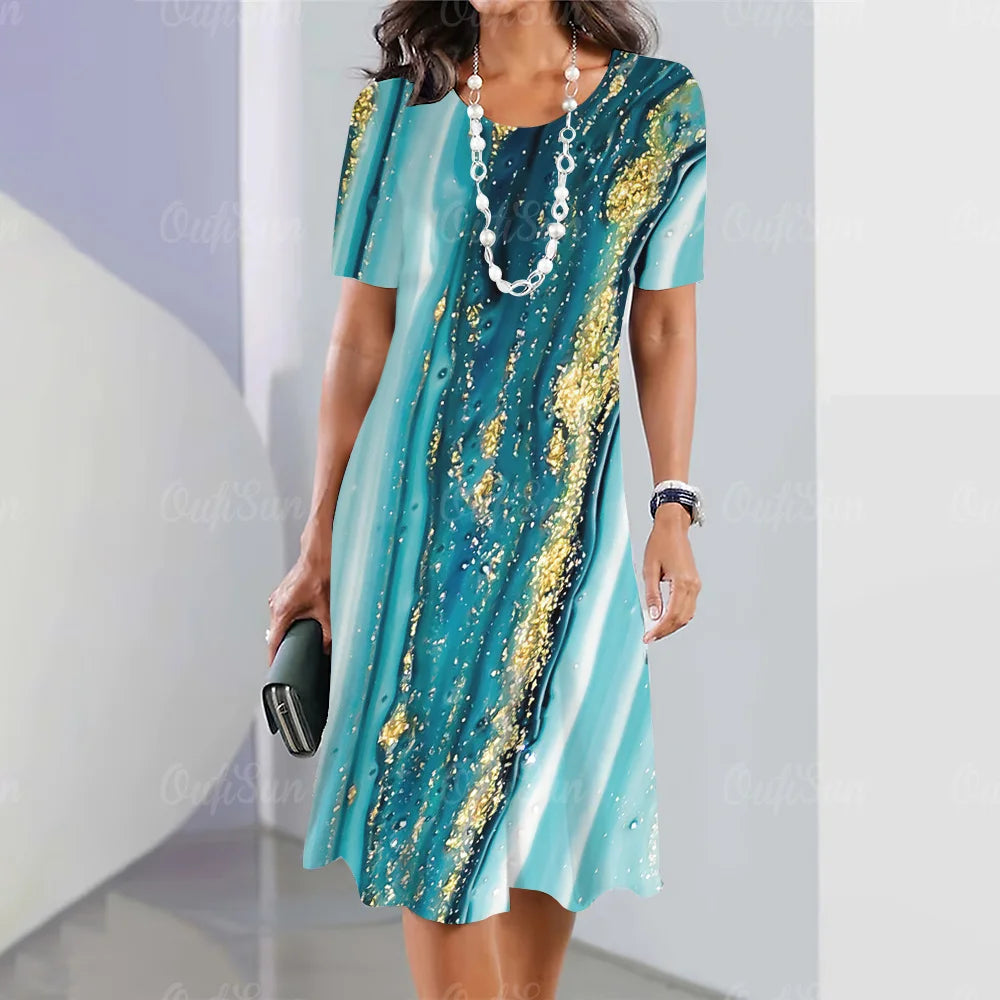 New Women’s Plus Size Midi Dress – Elegant Graphic Print Summer One-Piece