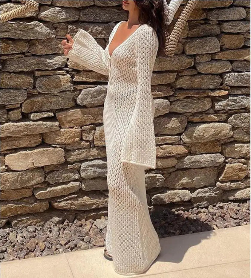 Yiiciovy Sexy Long Knit Hollow-Out Deep V-Neck Beach Cover-Up Dress