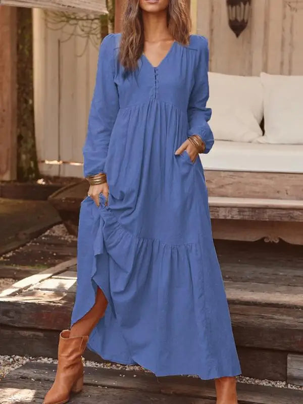 Vintage Cotton Linen Maxi Dress – Women’s Casual Long Sleeve V-Neck Dress