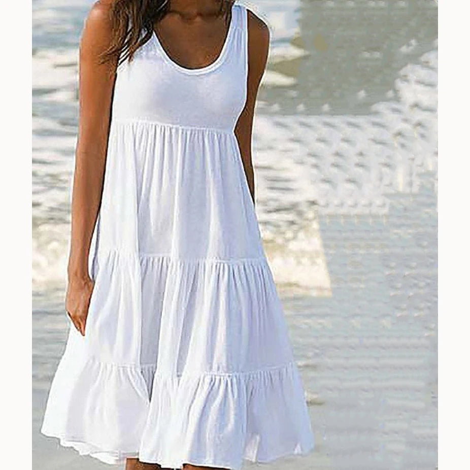 Women’s Casual O-Neck Sleeveless Ruffle Mini Dress – Boho Solid Beach Sundress