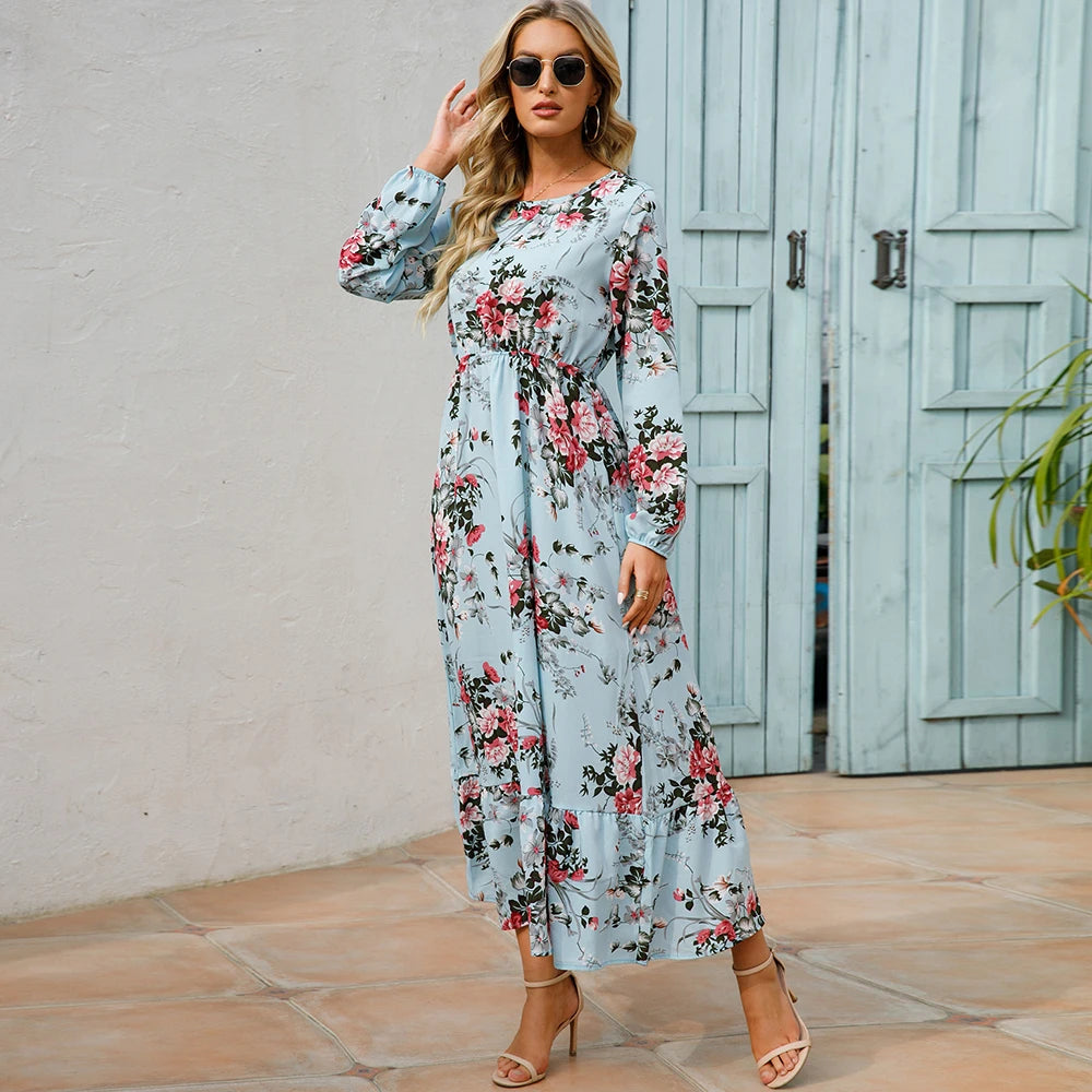 Bohemian Floral Maxi Dress for Women – Spring Summer Casual Long Sleeve Beach Dress