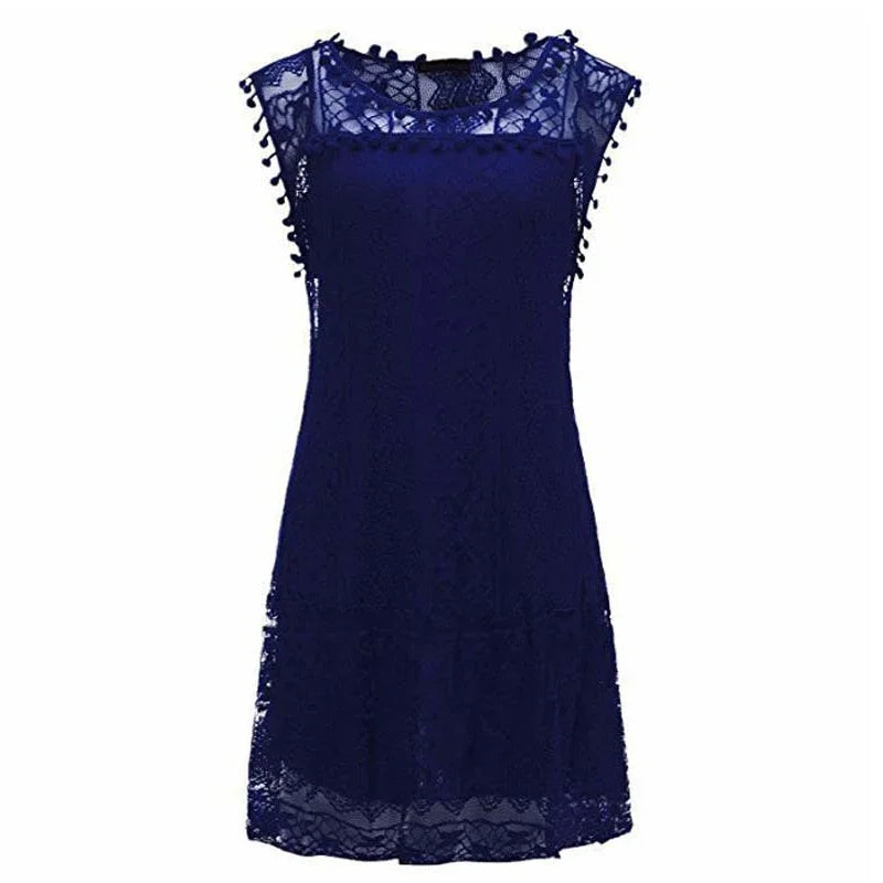 Robe d'été blanche sans manches en dentelle à pompons pour femme – Tenue de plage décontractée
