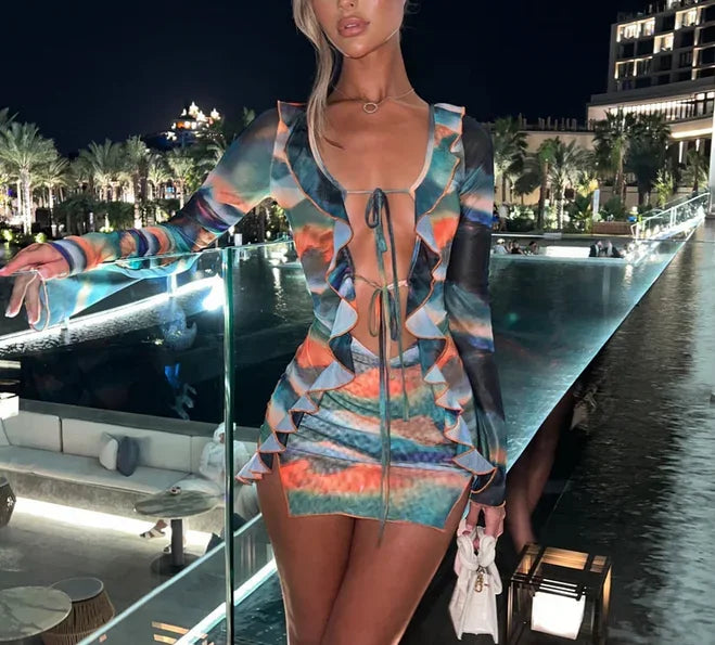 Robe courte moulante patchwork tie-dye pour femme – Manches longues avec fente à laçage