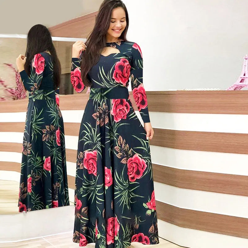 Robe à manches longues et imprimé floral pour femme, coupe ajustée et ajourée – Robe printemps-automne