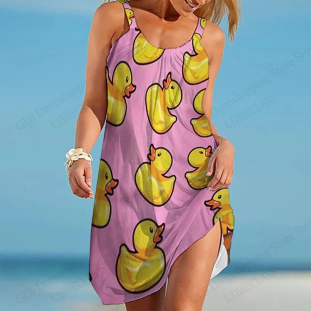 Hawaiian Beach Dress for Women – 3D Duck Print Summer Midi Strap Bohemian Sundress