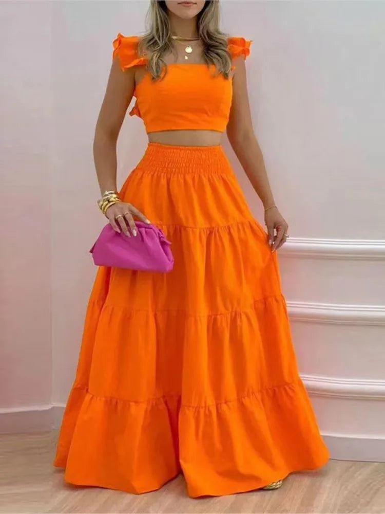 Summer 2-Piece Set – Sexy Solid Maxi Skirt & Loose Top Outfit for Women