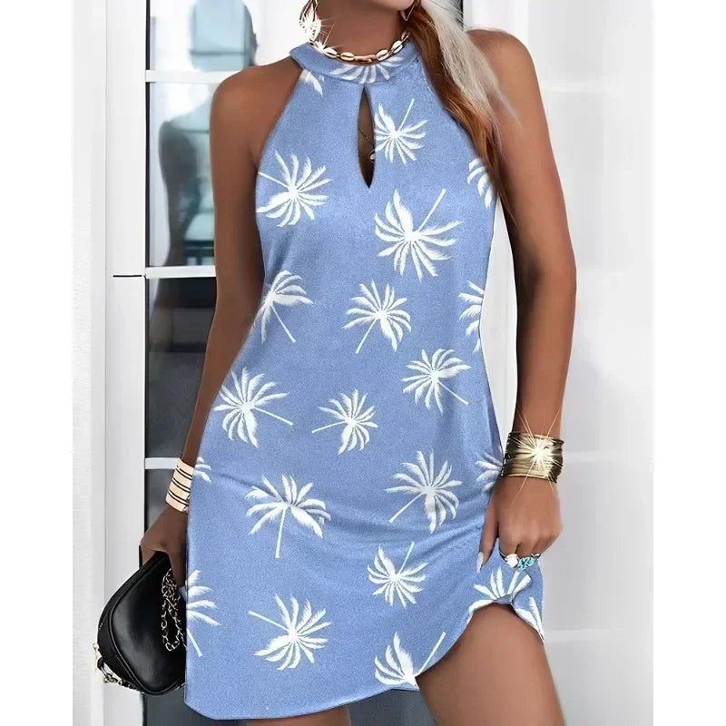 Halter Neck Printed Summer Dress – Sleeveless Casual Holiday Dress for Women