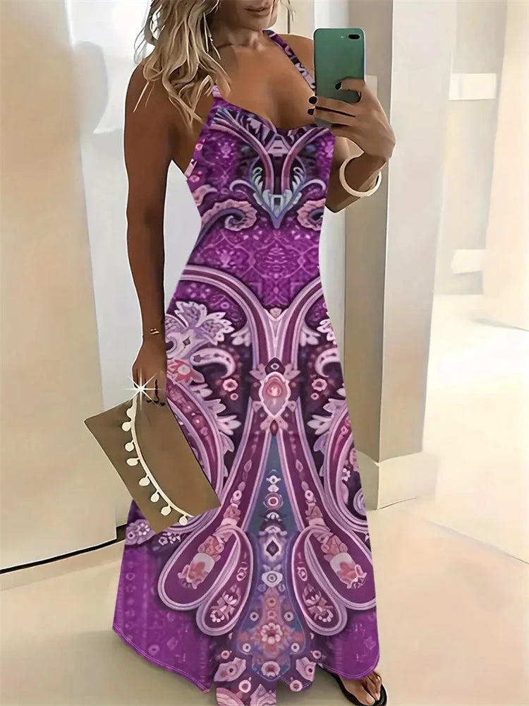 Women’s Summer Sleeveless Retro Strap Dress – Casual 3D Texture Print