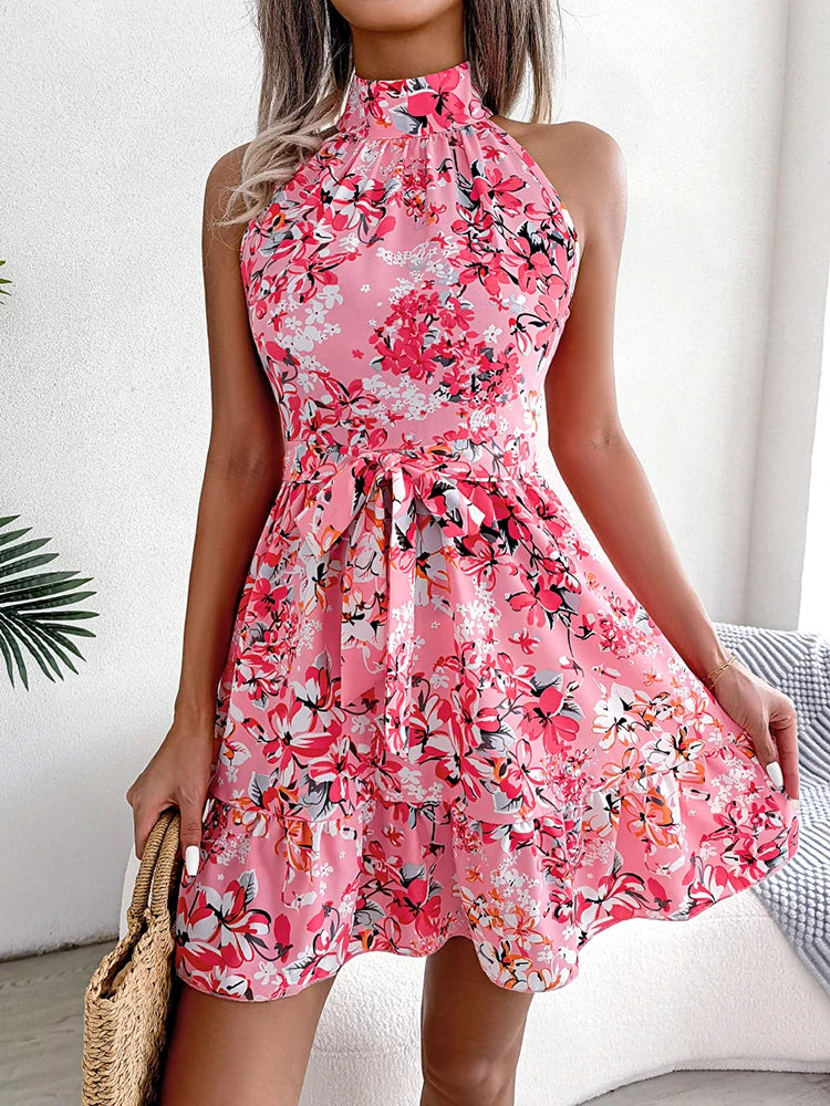 Women’s Floral Printed Halter Dress – Sexy Summer Short Beach Dress
