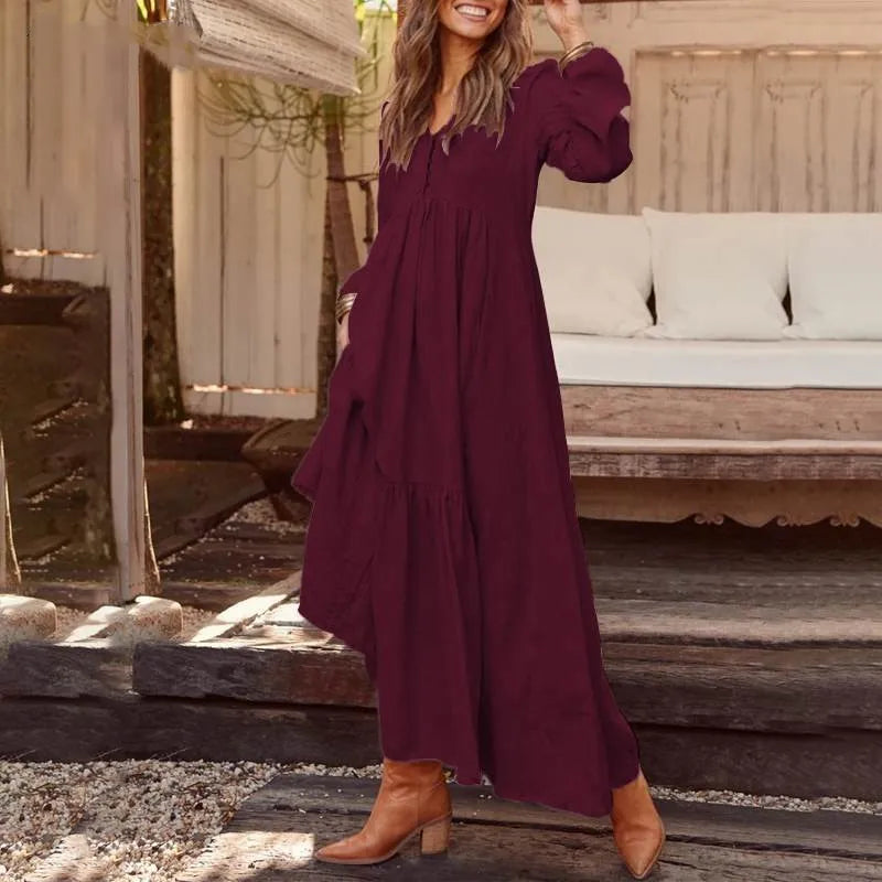 Vintage Cotton Linen Maxi Dress – Women’s Casual Long Sleeve V-Neck Dress