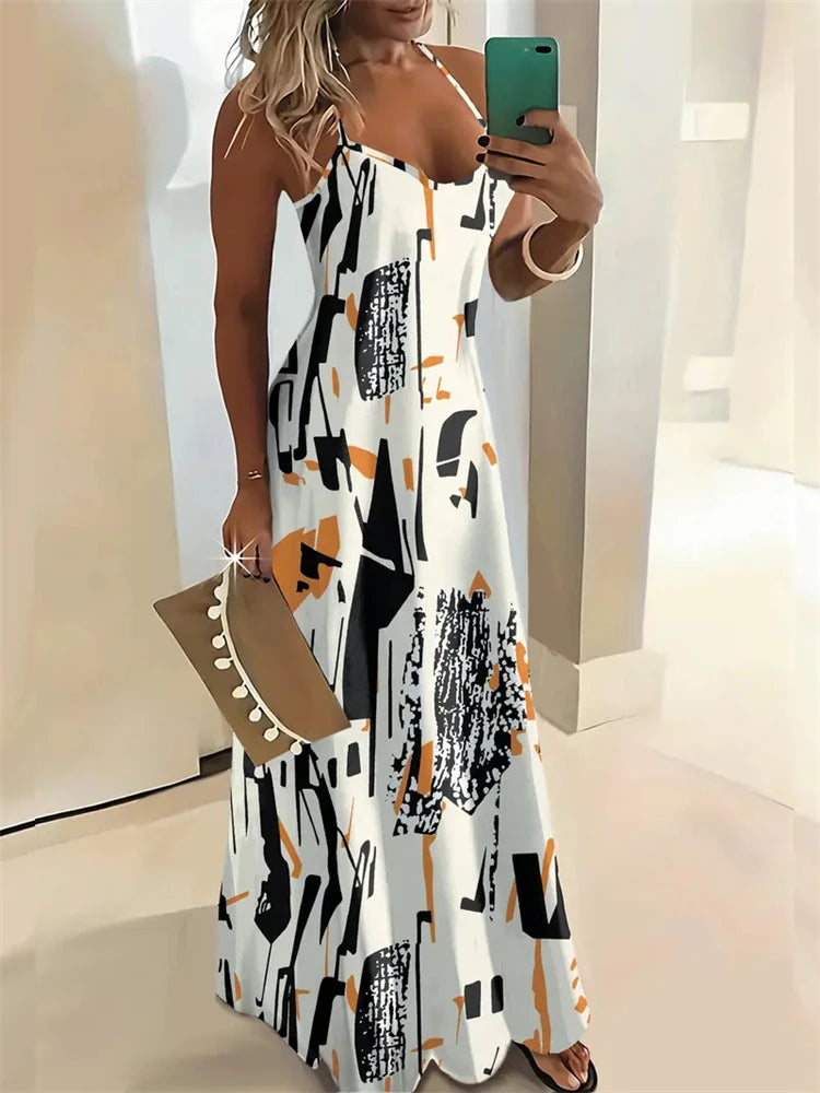 Women’s Summer Sleeveless Retro Strap Dress – Casual 3D Texture Print