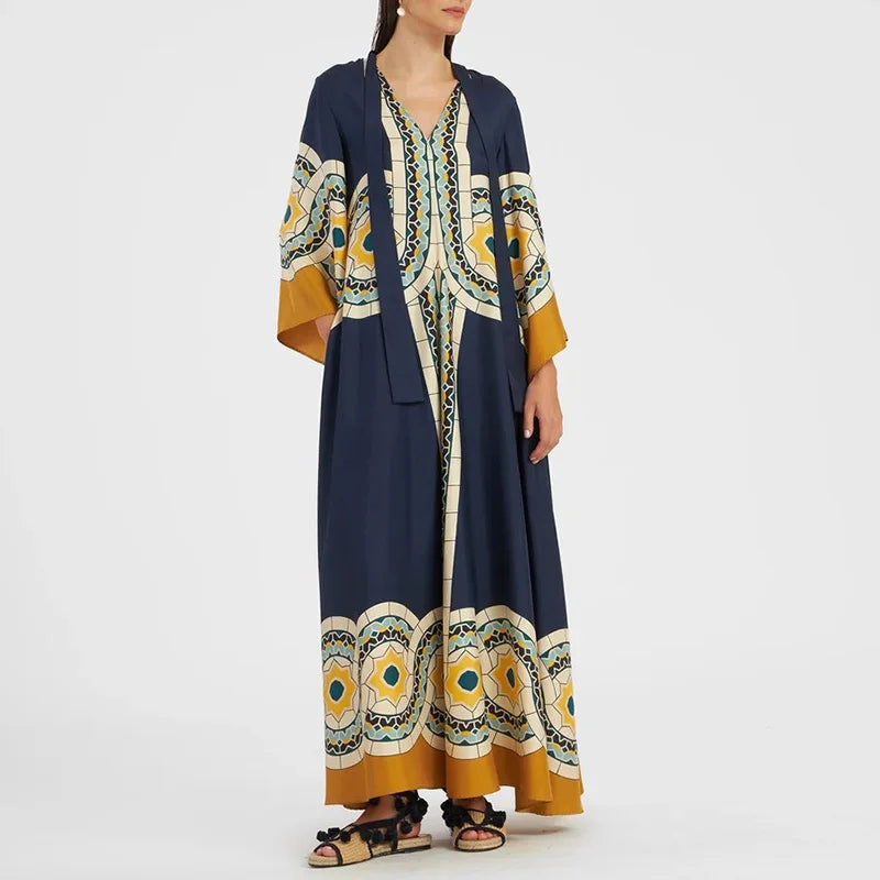 Robe imprimée élégante à col montant – Robe décontractée taille haute à manches longues et ample