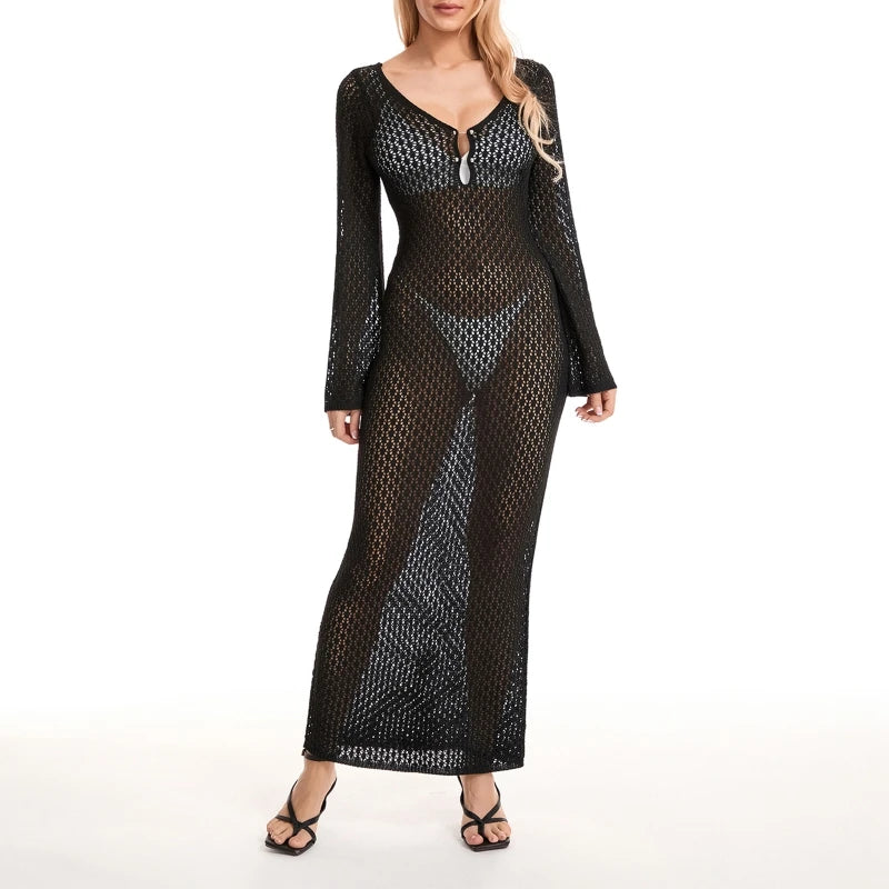 Yiiciovy Sexy Long Knit Hollow-Out Deep V-Neck Beach Cover-Up Dress
