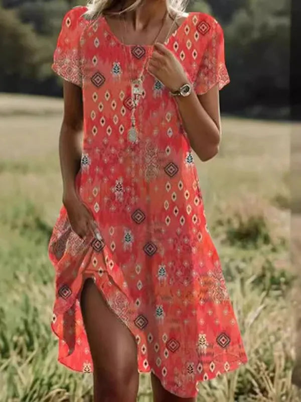 Bohemian Floral Print Dress for Women – Casual Short Sleeve O-Neck Summer Beach Holiday Dress