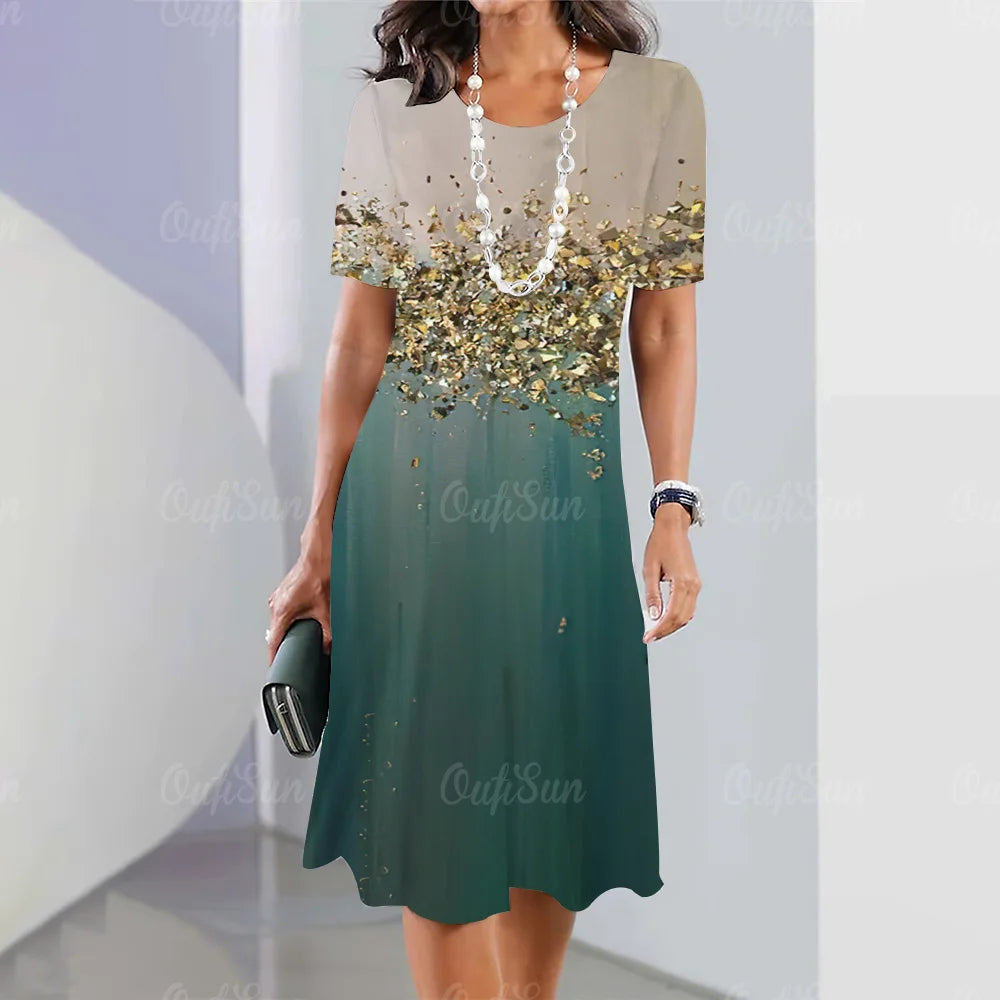 New Women’s Plus Size Midi Dress – Elegant Graphic Print Summer One-Piece