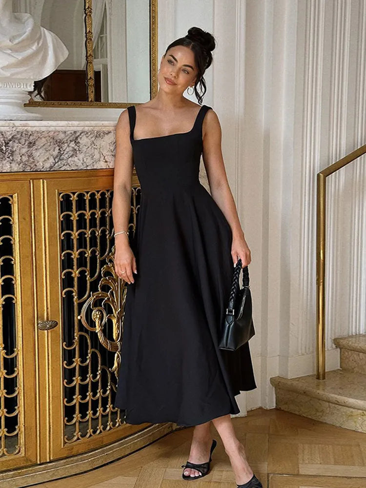 Polka Dot Maxi Dress – Elegant Square Neck Sleeveless High Waist Gown