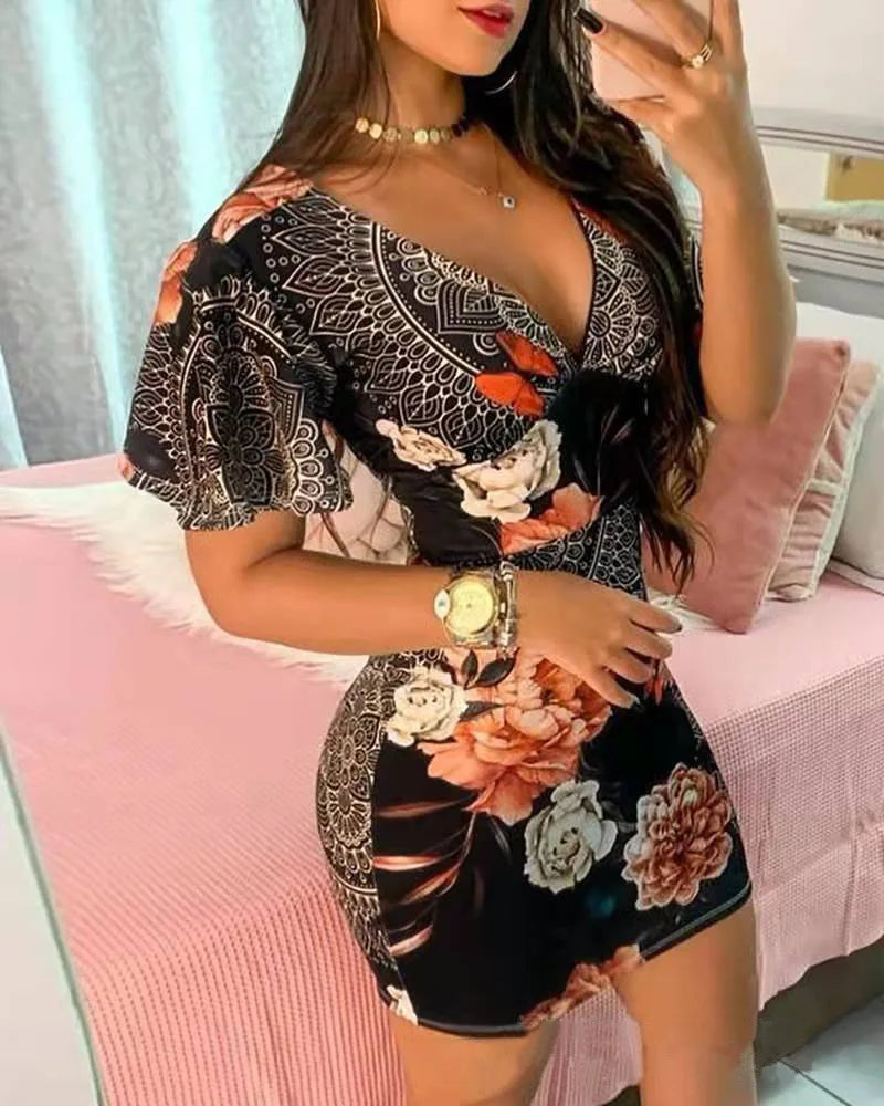 Summer Floral Print Bodycon Mini Dress Women