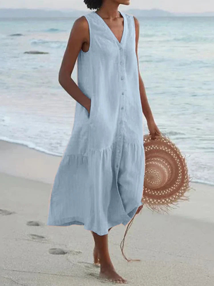 Summer Cotton Linen Patchwork Dress – V-Neck Sleeveless Midi with Pockets
