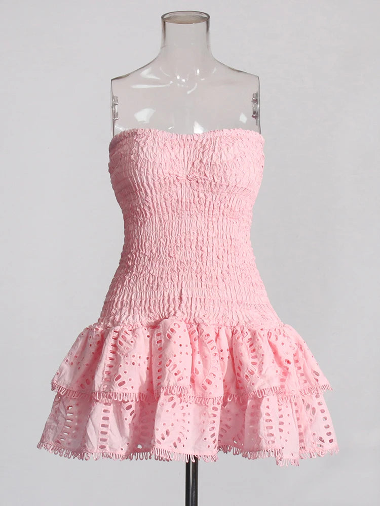 Designer Women’s Strapless Mini Dress – High Waist A-Line Dress with Ruffle Hem