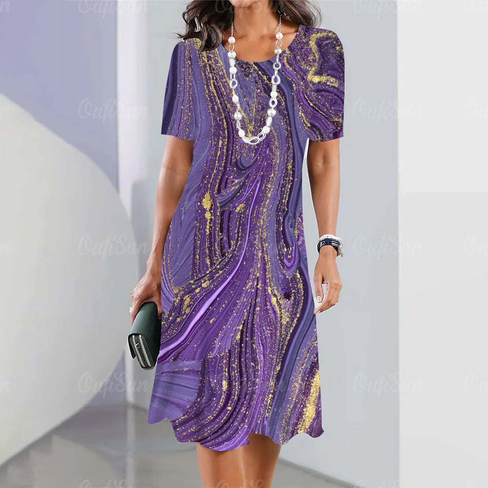 New Women’s Plus Size Midi Dress – Elegant Graphic Print Summer One-Piece