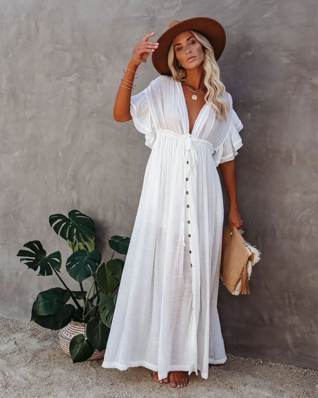 Bohemian Long Bikini Cover-Up for Women – V-Neck Lace-Up Kimono Swim Dress & Sarong Skirt