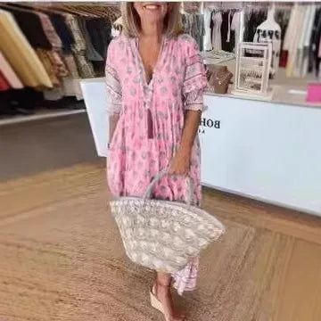 Bohemian Lantern Sleeve V-Neck Long Dress Women’s Spring Summer Beach Dress