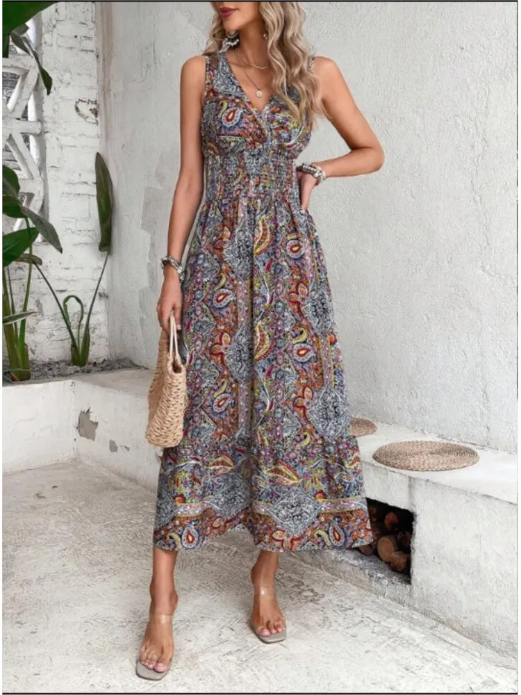 Boho Print Sleeveless Maxi Dress – Summer Beach Holiday Dress for Women