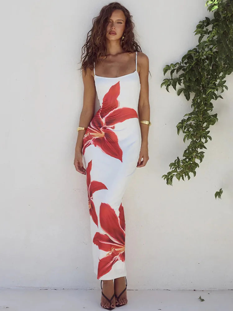 Floral Spaghetti Strap Bodycon Midi Dress – Elegant Sleeveless Backless Summer Gown