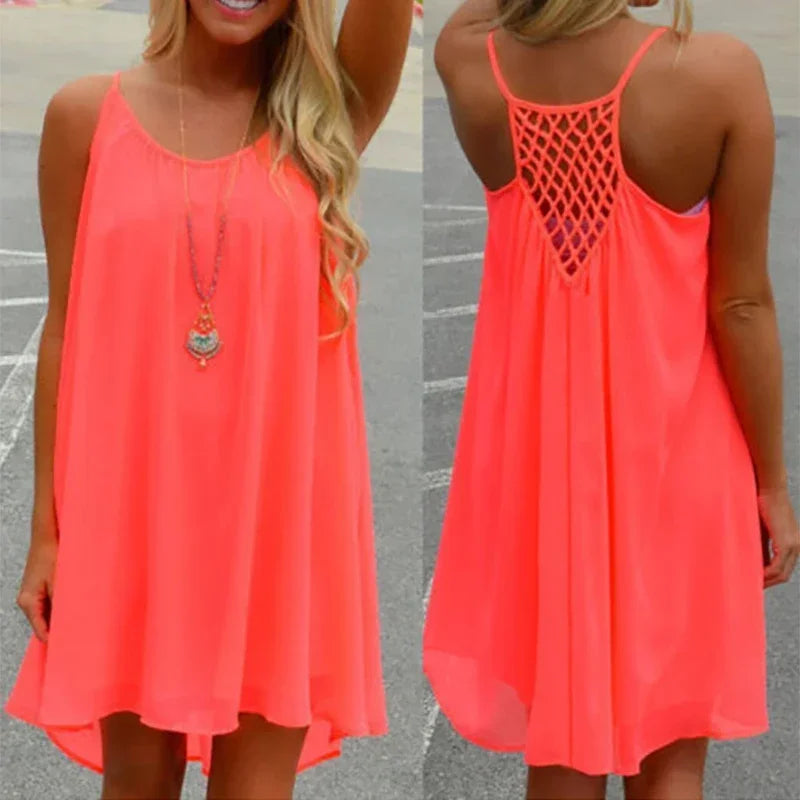 Loose Casual Summer Mini Dress – Sleeveless Spaghetti Strap Hollow-Out Bodycon