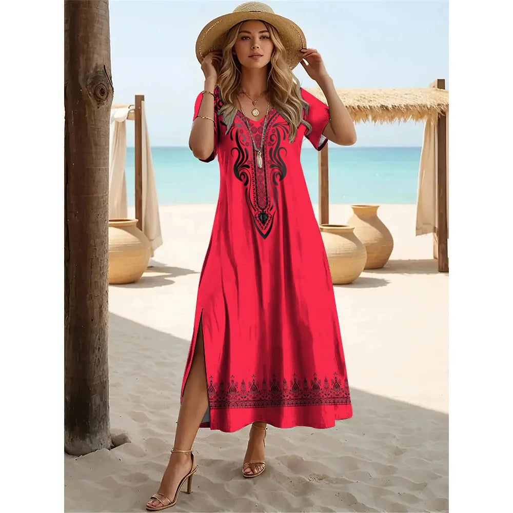 Robe longue fendue style bohème d'été – Robe pull à manches courtes et col en V pour femme