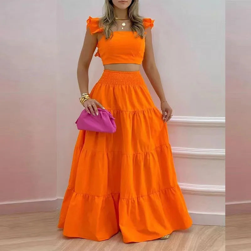 Summer 2-Piece Set – Sexy Solid Maxi Skirt & Loose Top Outfit for Women