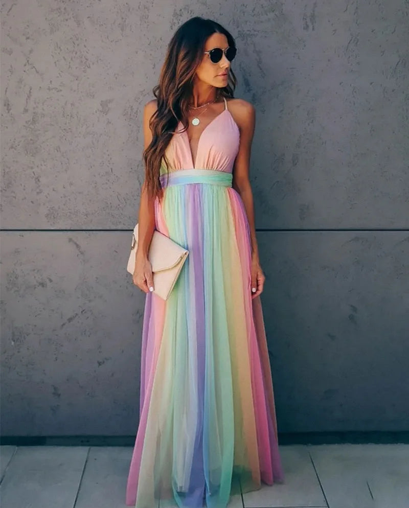 Robe en maille arc-en-ciel pour femme – Robe de plage sexy à col en V profond et taille haute pour l'été