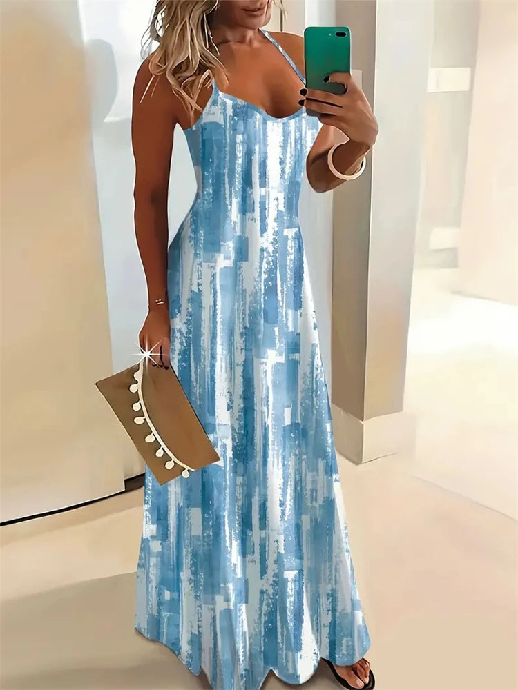 Women’s Summer Sleeveless Retro Strap Dress – Casual 3D Texture Print