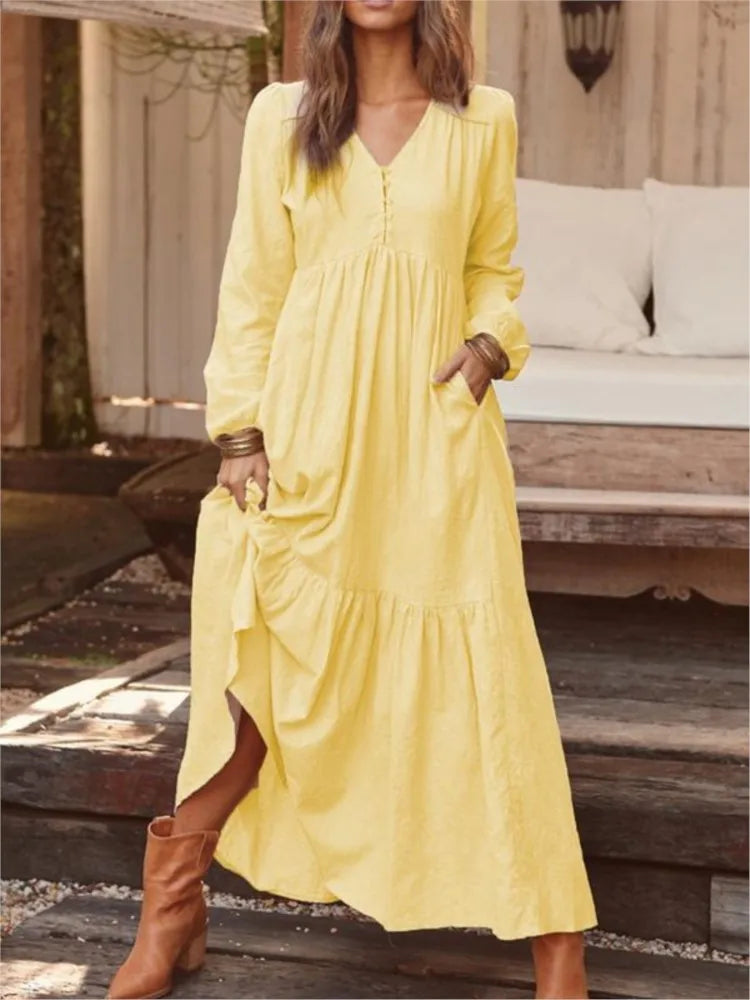 Vintage Cotton Linen Maxi Dress – Women’s Casual Long Sleeve V-Neck Dress