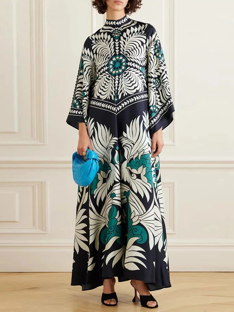 Robe imprimée élégante à col montant – Robe décontractée taille haute à manches longues et ample